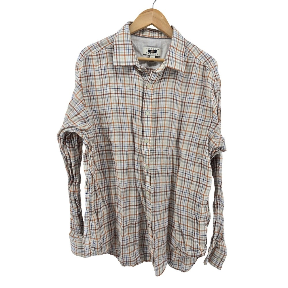 Joseph Abboud Linen Shirt Mens XL Plaid White Brown Button-Down EUC
